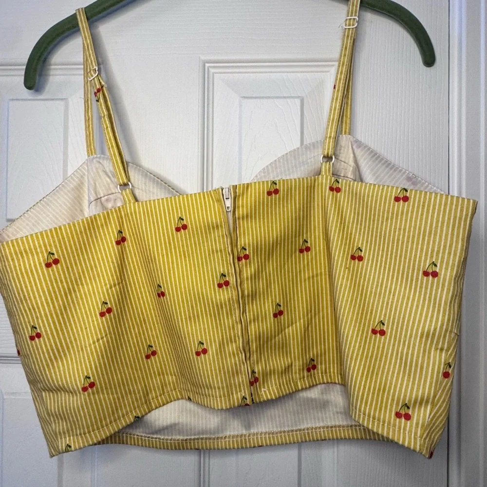 Voodoo Vixen Yellow Cherry Stripe Crop Top - Picture 3 of 5